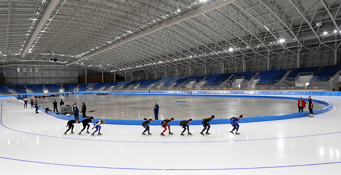 In this file photo taken on Jan. 31, 2017, speed skaters train at the Gangneung Oval in Gangneung, Gangwon Province.